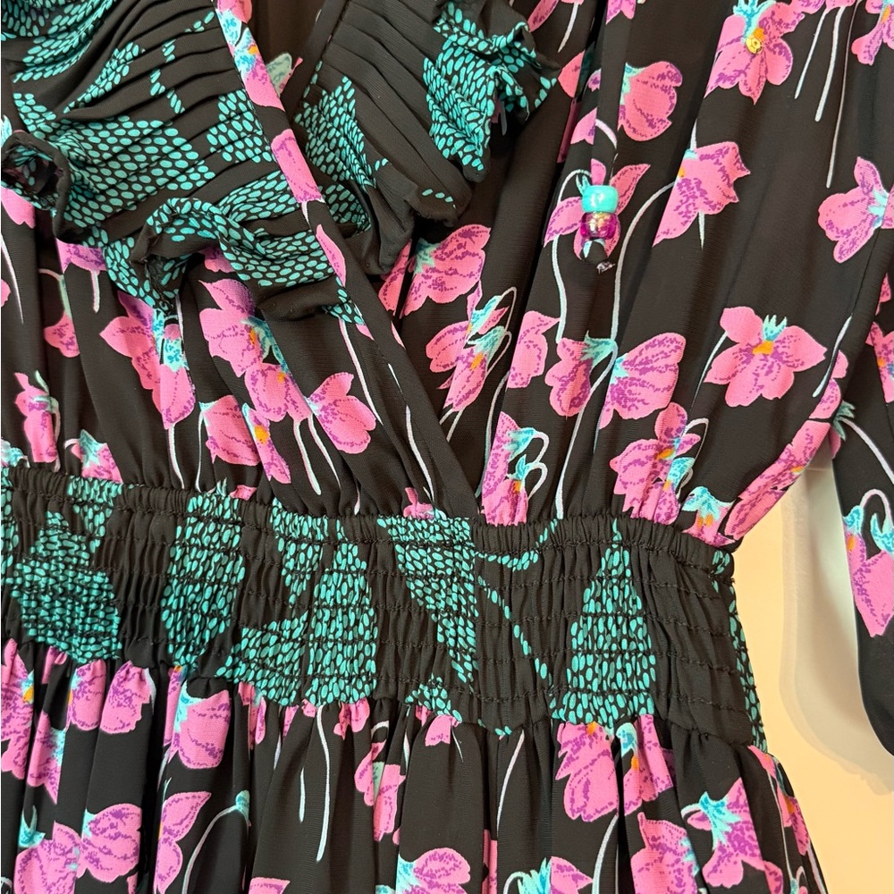 Diane Freis Floral Black Dress with Pink and Turquoise Accents
